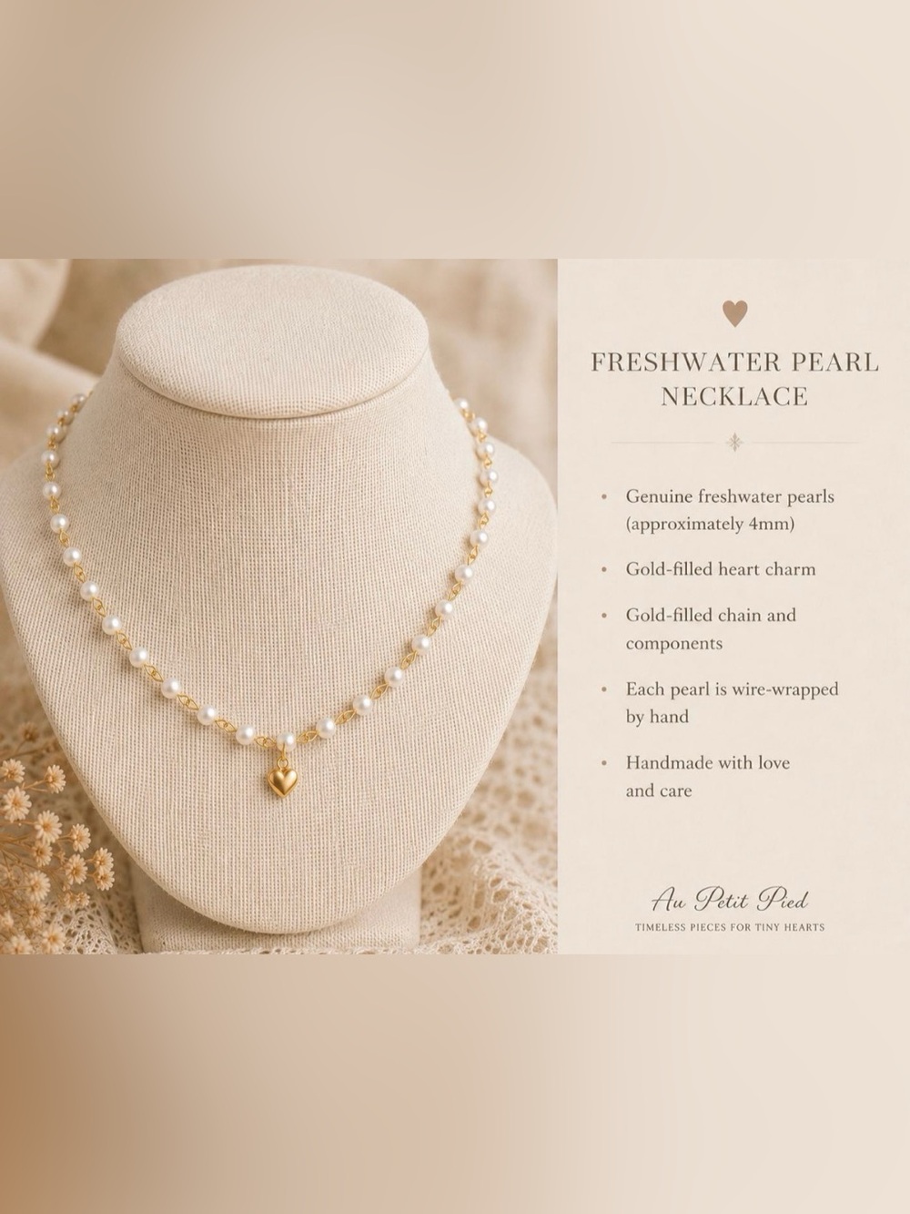 Baby Gold filled and White fresh water Pearl Heart Pendant Necklace